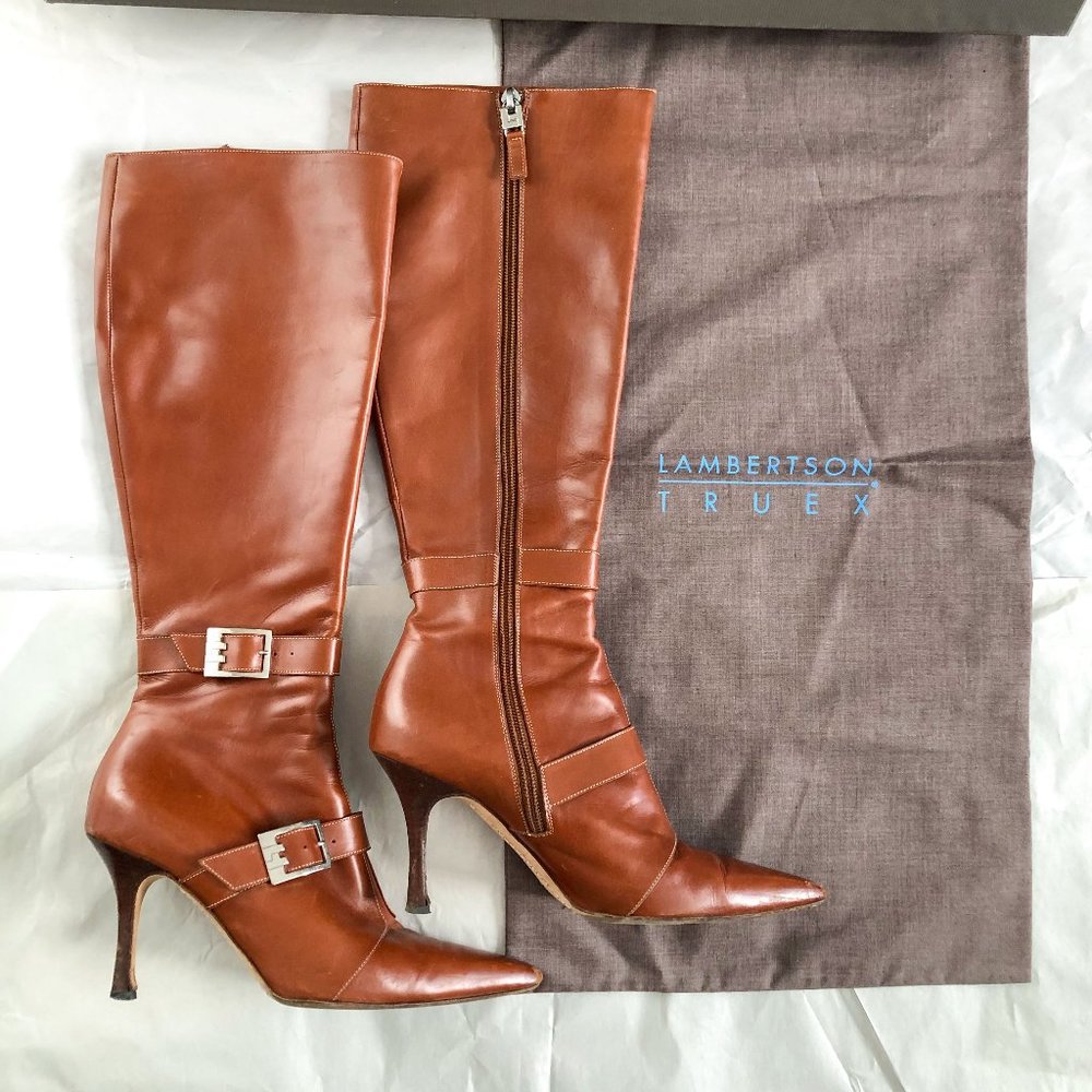 Lambertson Truex tan leather high heel boots + box + dustbag Sz 37.5